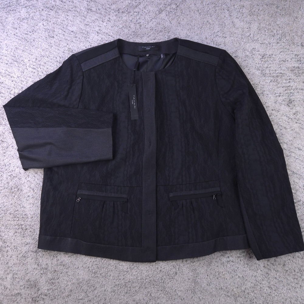 Tahari Jacket Womens Size 22 Blazer Career Snap Button Black Stretch NWT $198